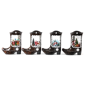 Lot de quatre boules à neige bottes vintage avec Père Noël pour déco de Noël