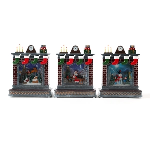 Three-piece set of festive Christmas fireplace music boxes with Santa and snowman scenes