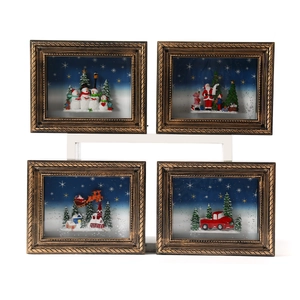 Cuatro marcos de fotos navideños vintage de bronce con escenas 3D de muñeco de nieve y Papá Noel