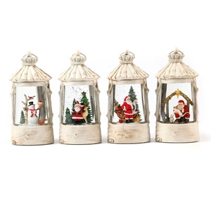 Set of 4 vintage Christmas snow globe lanterns with snowman and Santa Claus scenes