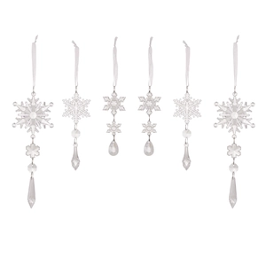 Set de 6 adornos de copos de nieve de acrílico transparente con gotas de cristal para Navidad