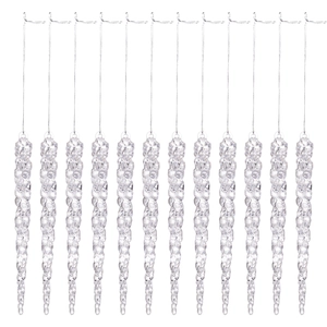 Set of 12 transparent acrylic icicle ornaments for Christmas tree decoration on white backdrop