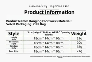 Size chart showing dimensions for plush Santa, Snowman, Elk and Bear Christmas stockings