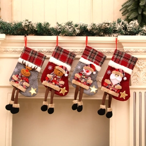 Christmas Stocking Ornament Plaid Flannel Fabric Candy Gift Bag 3D Santa Snowman Reindeer Bear Festive Holiday Home Decor