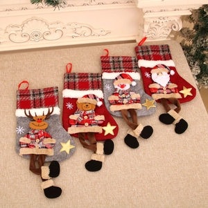 Set of 4 large Christmas plaid stockings featuring 3D Santa, Reindeer, Snowman, and Bear
