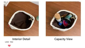 Detailed interior of beige corduroy makeup bag showing storage capacity and zipper