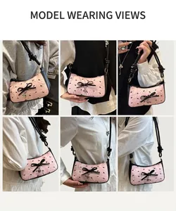 Collage of pink bow underarm bag showing stylish shoulder and crossbody carry styles