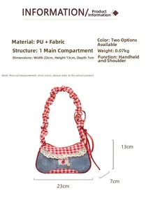 Detail view of red checkered shoulder bag with denim base and lace edges, size 23x13x7cm