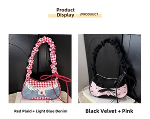 Detail of patchwork denim underarm bags with lace trim and sweet ribbon decorations