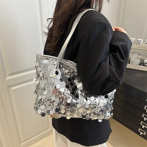 Chic silver sequin tote bag for women, large shoulder bag with metallic reflective texture