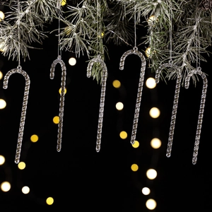 6-piece transparent acrylic Christmas candy cane ornaments with gold spiral on pine tree