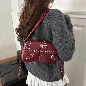 Chic burgundy rivet punk shoulder bag with vintage silver studs and buckle for women