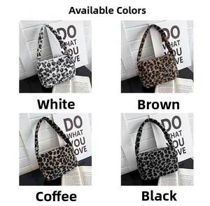 Collage of plush leopard print shoulder bags in white, brown, coffee, and black