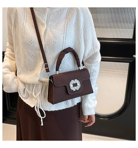 Close-up of brown suede crossbody bag featuring a sparkling rhinestone round buckle