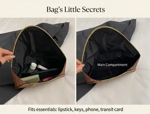 Vue intérieure d'une pochette tressée marron montrant l'espace pour téléphone et clés