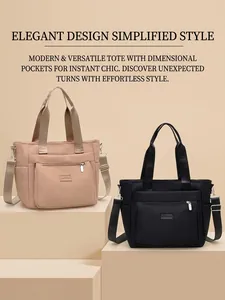 Detail of pink and black nylon tote bags with multi-pockets and detachable straps