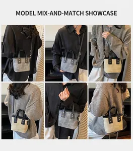 Detail shots of retro suede tote bag showing gray and beige colors on models