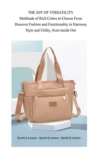 Detail view of large apricot nylon tote bag with wide strap and waterproof texture
