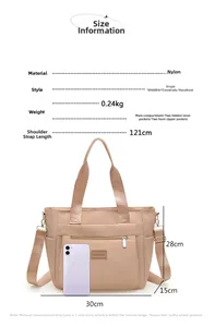 Size guide for large nylon tote bag showing dimensions 30x28x15cm and structure