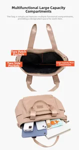 Detailed internal view of large nylon tote bag showing multiple pockets and high capacity