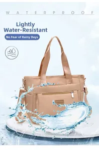 Close-up of waterproof nylon tote bag showing water resistance with droplets and strap
