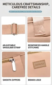Detail view of adjustable strap, reinforced stitching, and smooth metal zippers on bag