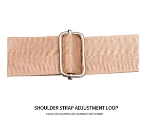 Close-up of adjustable wide woven shoulder strap with metallic buckle for handbag