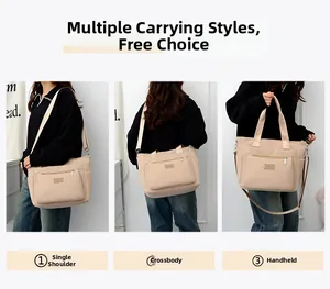 Detailed views of the beige large capacity tote bag shown as handbag, shoulder and crossbody