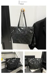 Detailed views of a black large-capacity tote bag with embossed bow patterns and metal rings
