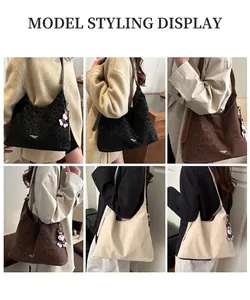 Detail shots of large tote bag in leopard print and cream colors with cute animal charms