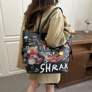 Sac cabas en cuir noir avec graffiti d'ours coloré et grande capacité pour femme