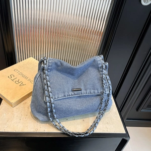 Damen Jeans Schultertasche Mit Metallkettenriemen Große Kapazität Klappe Lässige Tragetasche Für Den Alltag