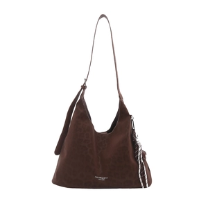 Brown leopard print tote bag with adjustable strap and decorative silk scarf