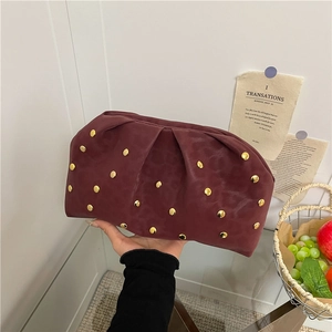 Chic burgundy pleated clutch bag with gold rivets and vintage dumpling bag design