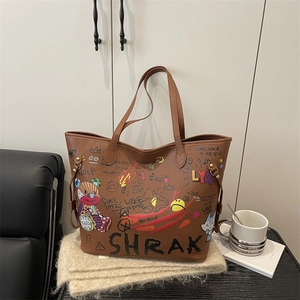 Sac Fourre-tout Femme Imprimé Graffiti Ours Dessin Animé Grande Capacité Cuir PU Sac à Épaule Trendy Streetwear Shopping