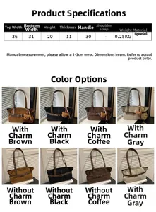 Size guide for vintage large capacity tote bag with dimensions and color options