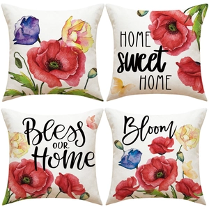 Set of 4 linen pillow covers with red poppy flowers and watercolor butterfly prints