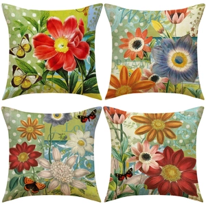 Detailed set of four floral linen pillow covers featuring vintage flowers and butterflies