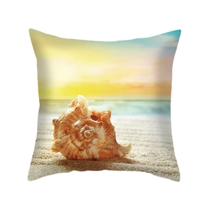 Housse de coussin plage océan avec motif de coquillage au lever du soleil sur lin