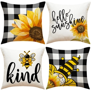 Farmhouse Bee Sunflower Pillowcases Polyester Linen Decorative Cushion Covers For Sofa Couch Home Decor Spring Summer Gnome