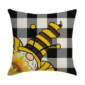Linen bee gnome pillow cover with buffalo plaid pattern and sunflower design