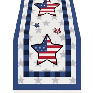 Linen American flag table runner with red and blue stars and patriotic plaid borders