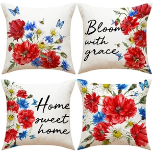 Decorative Throw Pillow Cover Linen Blend Floral Poppy Cornflower Butterfly Print Square Cushion Case American Style Home Decor