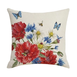 Linen pillowcase with Independence Day floral print featuring poppies and blue cornflowers