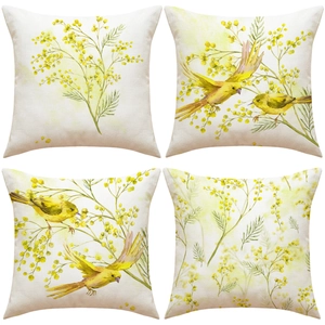 Set of 4 American country style cotton linen pillow covers with bird and yellow flower print