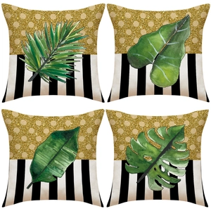 Funda de Almohada Decorativa Hoja Tropical Brillo Dorado Puntos Rayas Poliéster Cuadrado Funda de Cojín Para Sofá Hogar