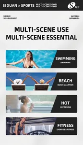 Detail showing quick-dry sand-free beach towel usage for swimming, spa, and fitness