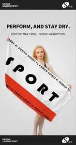 Detail of large quick-dry microfiber beach towel with red sport stripes and soft texture