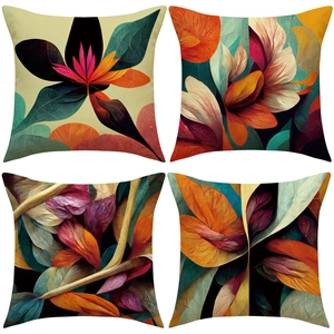 4er-Set Vintage-Leinenkissenbezüge mit bunten Blumen- und Blattmustern für Sofadekoration