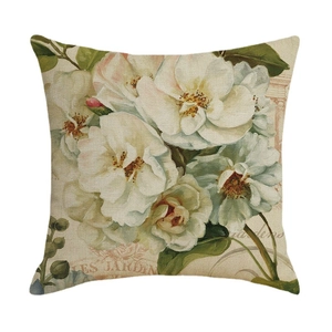 Vintage-Kissenbezug aus Leinen mit weißen Rosen und französischem Les Jardin Druck